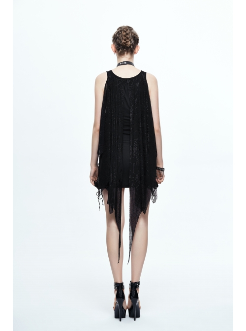 Spider Web Jacquard Mesh Bat Wings Shawl Side Lace-Up Black Punk Dress