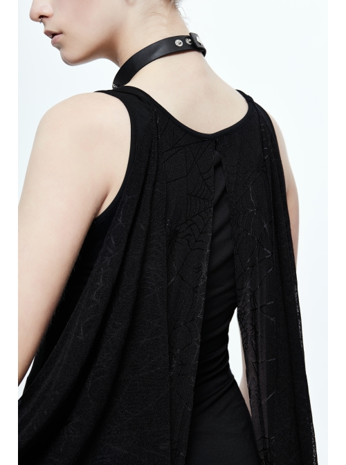 Spider Web Jacquard Mesh Bat Wings Shawl Side Lace-Up Black Punk Dress