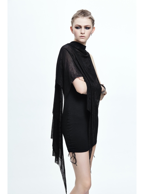 Spider Web Jacquard Mesh Bat Wings Shawl Side Lace-Up Black Punk Dress