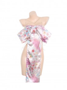 Sakura Girl Bowknot Off-shoulder High Slit Exposed Hips Dress Pink Printed Nightdress Sexy Lingerie Set