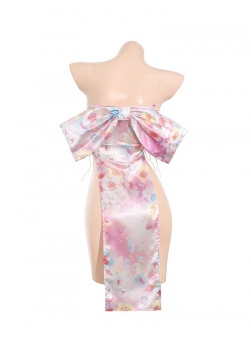 Sakura Girl Bowknot Off-shoulder High Slit Exposed Hips Dress Pink Printed Nightdress Sexy Lingerie Set