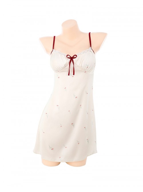 Cream Yellow Cute Small Floral Printed With Chest Pads Suspender Nightdress Sweet Style Sexy Lingerie