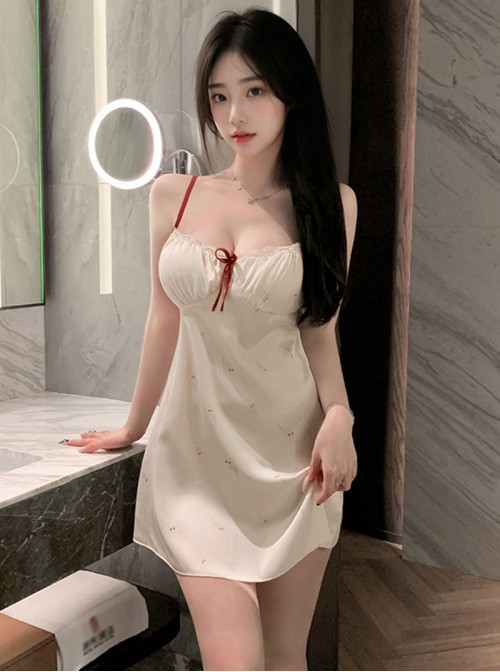 Cream Yellow Cute Small Floral Printed With Chest Pads Suspender Nightdress Sweet Style Sexy Lingerie
