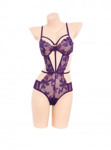 Purple See-Through Lace Side Waist Hollow Open Crotch Three-Point Jumpsuit Sexy Lingerie