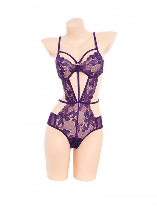 Purple See-Through Lace Side Waist Hollow Open Crotch Three-Point Jumpsuit Sexy Lingerie