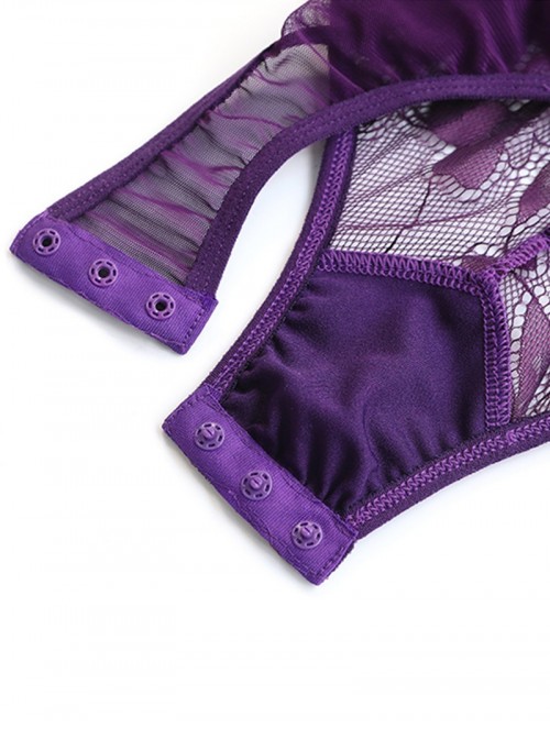 Purple See-Through Lace Side Waist Hollow Open Crotch Three-Point Jumpsuit Sexy Lingerie