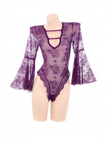 Wide Long Sleeves See-Through Lace Deep V Neck High Slits Exposed Hips Open Crotch Jumpsuit Sexy Lingerie