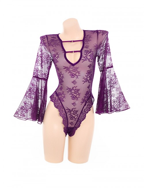 Wide Long Sleeves See-Through Lace Deep V Neck High Slits Exposed Hips Open Crotch Jumpsuit Sexy Lingerie