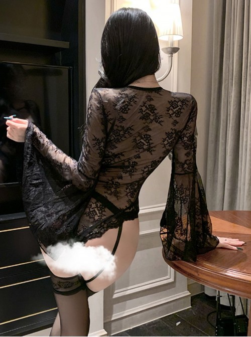 Wide Long Sleeves See-Through Lace Deep V Neck High Slits Exposed Hips Open Crotch Jumpsuit Sexy Lingerie
