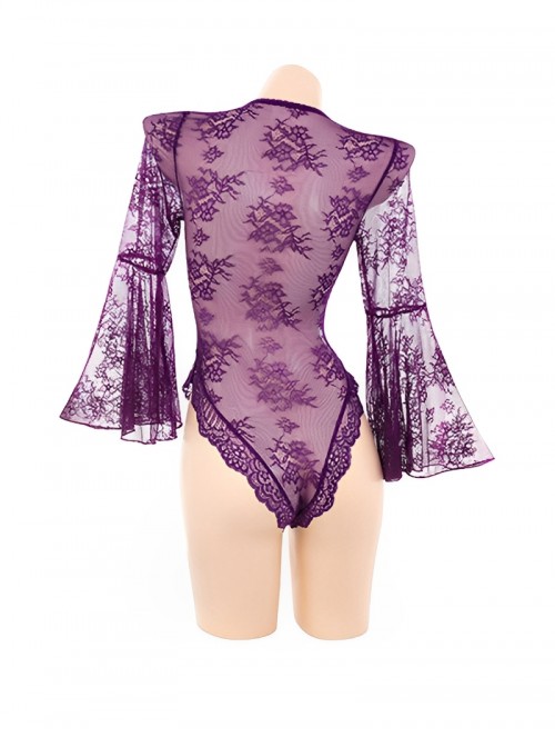 Wide Long Sleeves See-Through Lace Deep V Neck High Slits Exposed Hips Open Crotch Jumpsuit Sexy Lingerie