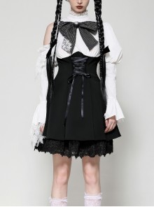 Black White Exquisite Lace Splicing Hollow Puff Sleeve Gothic Style Doll Dress