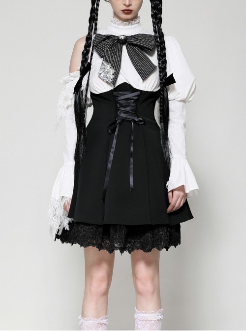 Black White Exquisite Lace Splicing Hollow Puff Sleeve Gothic Style Doll Dress