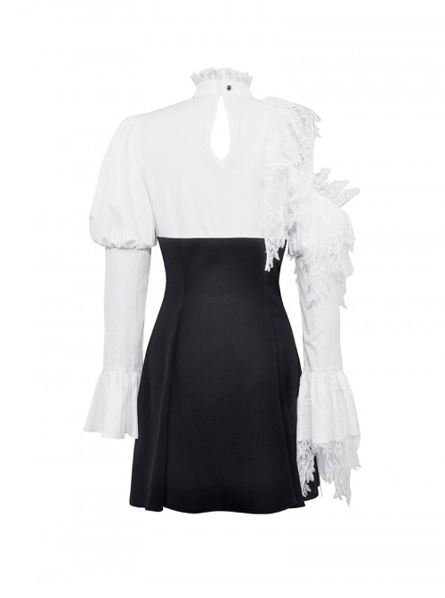 Black White Exquisite Lace Splicing Hollow Puff Sleeve Gothic Style Doll Dress
