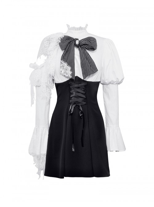 Black White Exquisite Lace Splicing Hollow Puff Sleeve Gothic Style Doll Dress