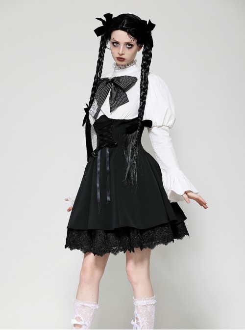 Black White Exquisite Lace Splicing Hollow Puff Sleeve Gothic Style Doll Dress