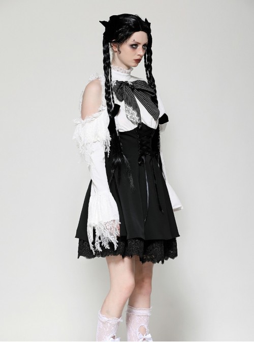 Black White Exquisite Lace Splicing Hollow Puff Sleeve Gothic Style Doll Dress
