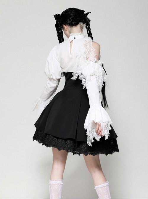 Black White Exquisite Lace Splicing Hollow Puff Sleeve Gothic Style Doll Dress
