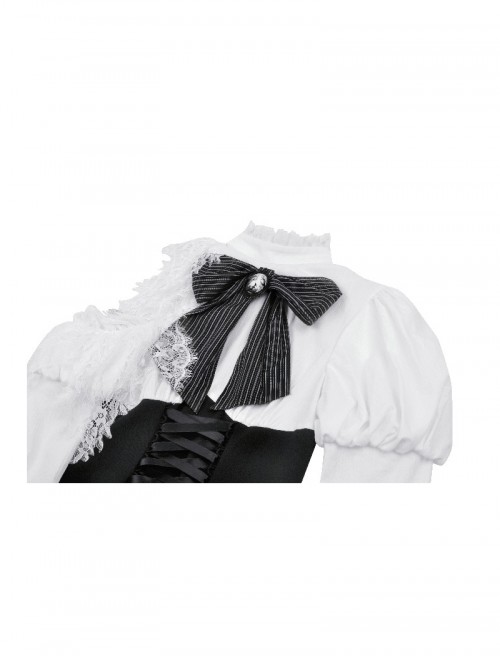 Black White Exquisite Lace Splicing Hollow Puff Sleeve Gothic Style Doll Dress