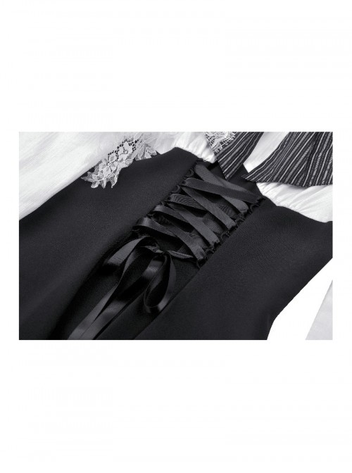 Black White Exquisite Lace Splicing Hollow Puff Sleeve Gothic Style Doll Dress