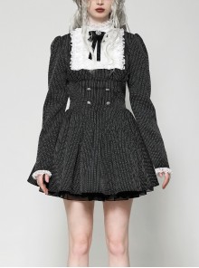 Black White Splicing Striped Ruffled Retro Lace Embellish College Style Gothic Style Long Sleeves Dress