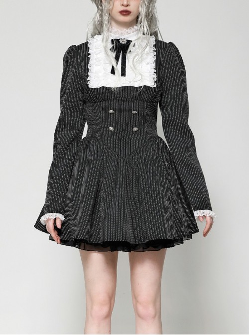 Black White Splicing Striped Ruffled Retro Lace Embellish College Style Gothic Style Long Sleeves Dress