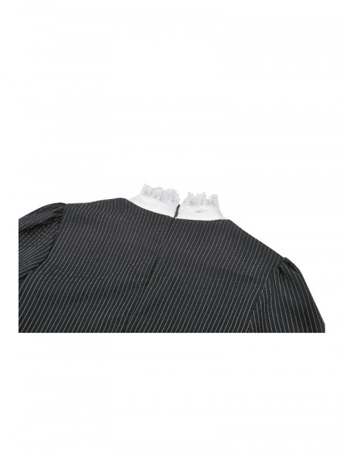 Black White Splicing Striped Ruffled Retro Lace Embellish College Style Gothic Style Long Sleeves Dress