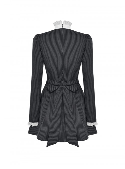Black White Splicing Striped Ruffled Retro Lace Embellish College Style Gothic Style Long Sleeves Dress