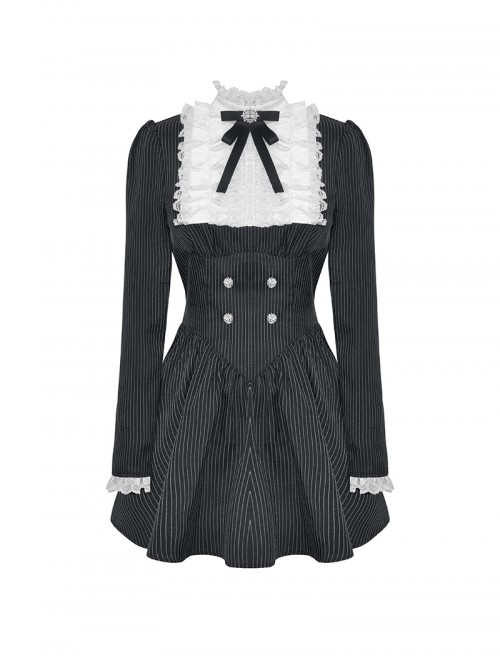 Black White Splicing Striped Ruffled Retro Lace Embellish College Style Gothic Style Long Sleeves Dress