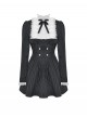 Black White Splicing Striped Ruffled Retro Lace Embellish College Style Gothic Style Long Sleeves Dress