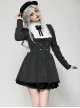 Black White Splicing Striped Ruffled Retro Lace Embellish College Style Gothic Style Long Sleeves Dress