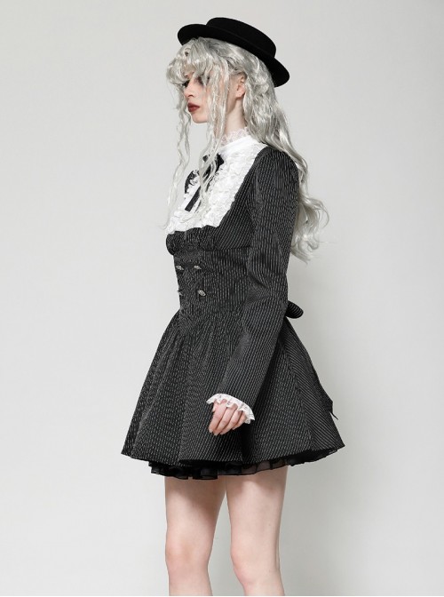 Black White Splicing Striped Ruffled Retro Lace Embellish College Style Gothic Style Long Sleeves Dress