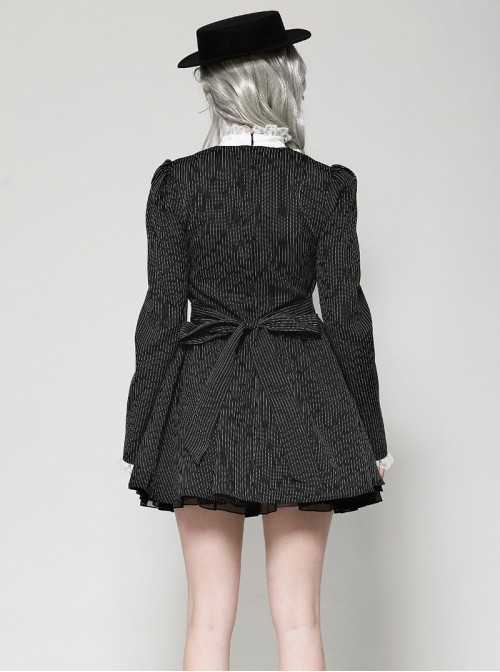 Black White Splicing Striped Ruffled Retro Lace Embellish College Style Gothic Style Long Sleeves Dress