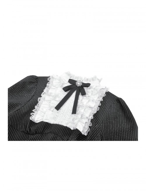 Black White Splicing Striped Ruffled Retro Lace Embellish College Style Gothic Style Long Sleeves Dress