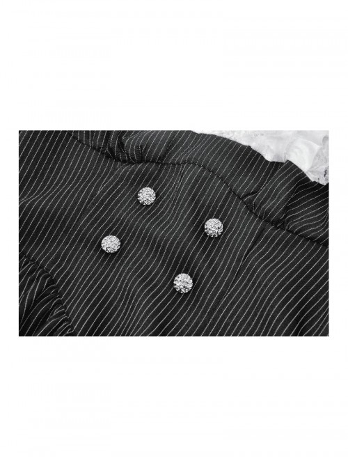 Black White Splicing Striped Ruffled Retro Lace Embellish College Style Gothic Style Long Sleeves Dress