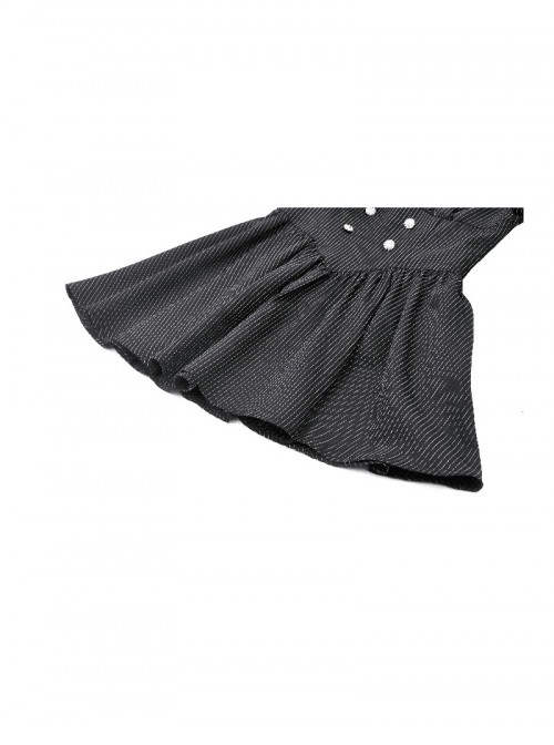 Black White Splicing Striped Ruffled Retro Lace Embellish College Style Gothic Style Long Sleeves Dress