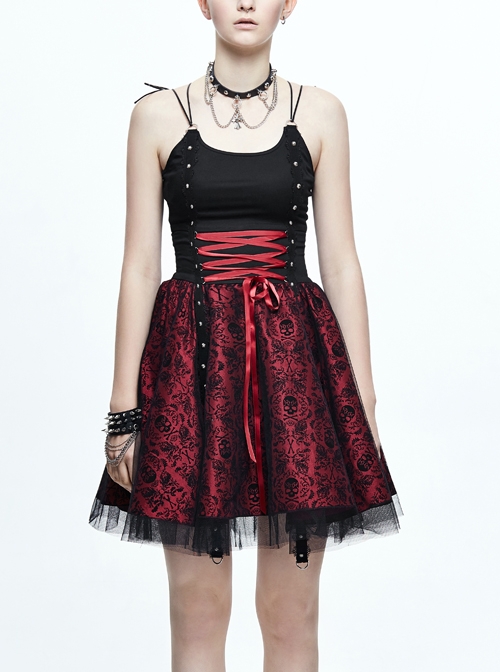 Black Twill Splice Wine Red Skull Flocking Rivet Lace Waist Lace-Up Punk Sling Princess Dress
