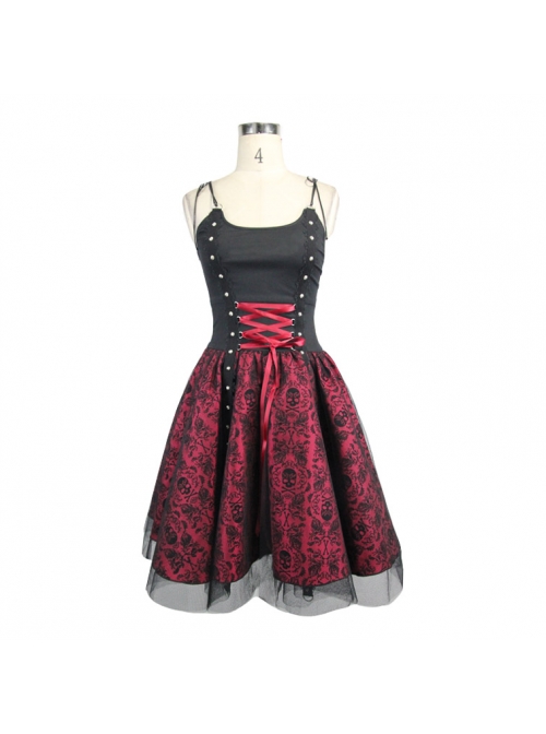 Black Twill Splice Wine Red Skull Flocking Rivet Lace Waist Lace-Up Punk Sling Princess Dress