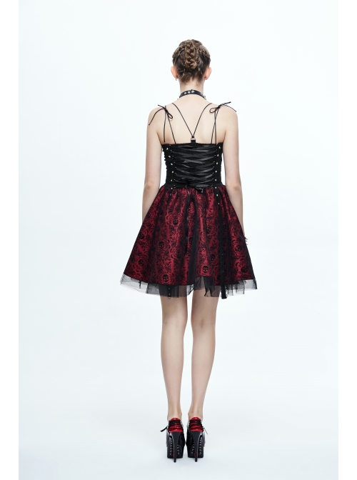 Black Twill Splice Wine Red Skull Flocking Rivet Lace Waist Lace-Up Punk Sling Princess Dress