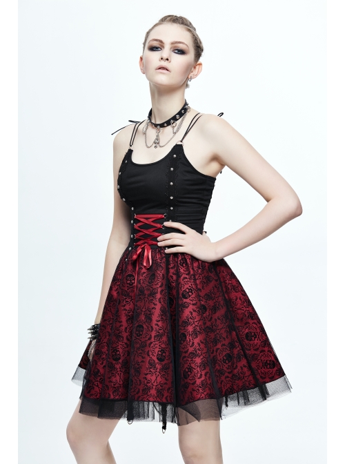 Black Twill Splice Wine Red Skull Flocking Rivet Lace Waist Lace-Up Punk Sling Princess Dress