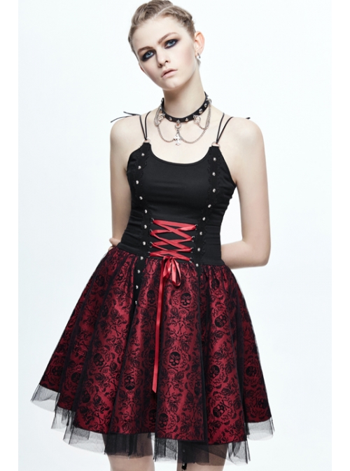 Black Twill Splice Wine Red Skull Flocking Rivet Lace Waist Lace-Up Punk Sling Princess Dress