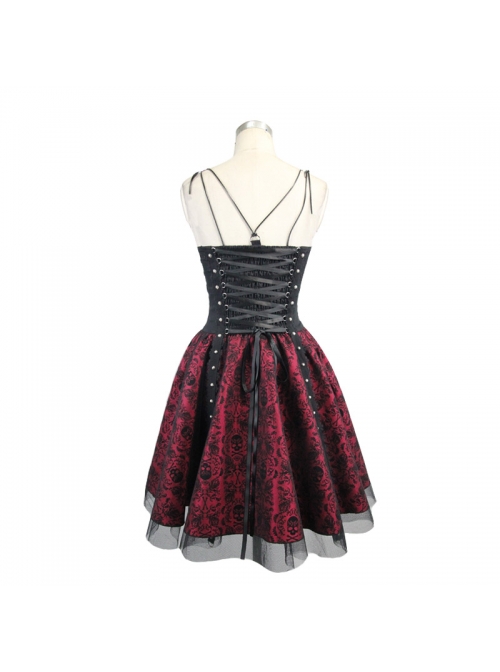 Black Twill Splice Wine Red Skull Flocking Rivet Lace Waist Lace-Up Punk Sling Princess Dress