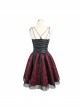 Black Twill Splice Wine Red Skull Flocking Rivet Lace Waist Lace-Up Punk Sling Princess Dress