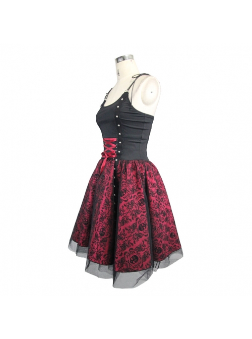 Black Twill Splice Wine Red Skull Flocking Rivet Lace Waist Lace-Up Punk Sling Princess Dress
