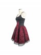 Black Twill Splice Wine Red Skull Flocking Rivet Lace Waist Lace-Up Punk Sling Princess Dress