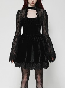 Black Elegant Velvet Exquisite Dark Pattern Lace Mesh Splicing Gothic Style Long Sleeves Dress