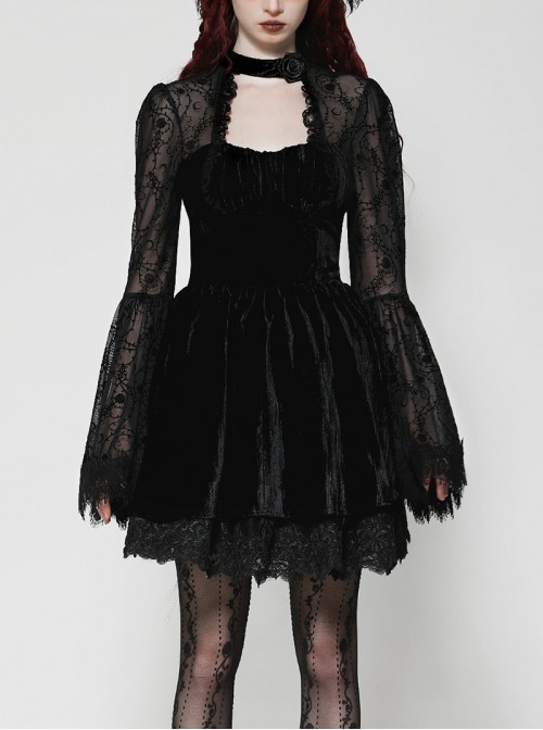 Black Elegant Velvet Exquisite Dark Pattern Lace Mesh Splicing Gothic Style Long Sleeves Dress