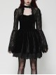 Black Elegant Velvet Exquisite Dark Pattern Lace Mesh Splicing Gothic Style Long Sleeves Dress