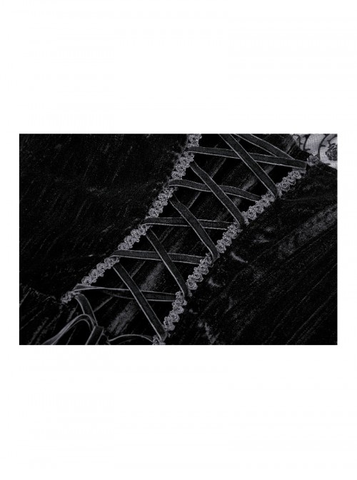 Black Elegant Velvet Exquisite Dark Pattern Lace Mesh Splicing Gothic Style Long Sleeves Dress