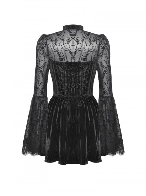 Black Elegant Velvet Exquisite Dark Pattern Lace Mesh Splicing Gothic Style Long Sleeves Dress