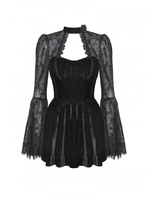 Black Elegant Velvet Exquisite Dark Pattern Lace Mesh Splicing Gothic Style Long Sleeves Dress